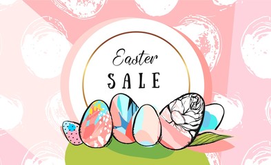 Hand drawn vector abstract creative Easter Sale greeting border design template with painted Easter eggs on green grass with golden frame on pink background.Spring unusual trendy Easter card design.