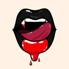 Vampire woman open mouth with blood. Tongue licking black lips. Halloween vector illustration