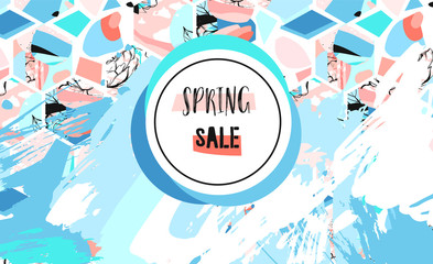 Hand drawn vector abstract textured artistic drawing Spring Sale header template with hexagon shapes and hand made textures in pastel colors isolated on white background.Design for shop,sale