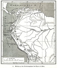 Francisco Pizarro's route during the conquest of Peru (from Spamers Illustrierte Weltgeschichte, 1894, 5[1], 99)