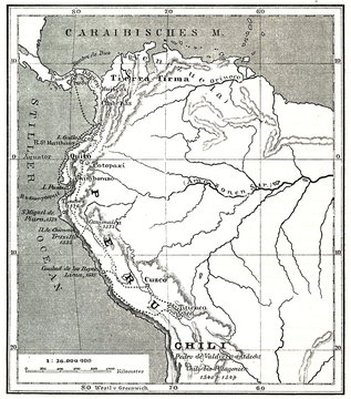 Francisco Pizarro's route during the conquest of Peru (from Spamers Illustrierte Weltgeschichte, 1894, 5[1], 99)