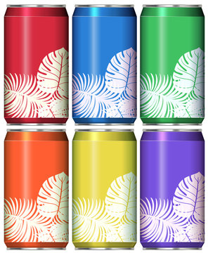 Cans with leaves on different color background