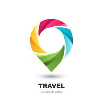 Vector logo icon or emblem design template with pin map symbol. Abstract multicolor waypoint marker. Modern concept for vacation, travel, tour search and tourism business.