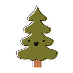 kawaii christmas tree with trunk with smiling expression watercolor silhouette on white background