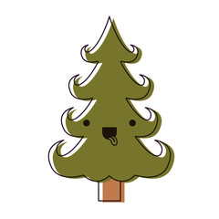 kawaii christmas tree with trunk with tongue out and happiness expression watercolor silhouette on white background