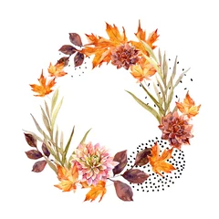 Abwaschbare Fototapete Grafikdrucke Herbst-Aquarell-Kranz auf Spritzer-Hintergrund mit Blumen, Blättern, punktierten Kreisen.