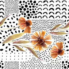 Poster Herfst aquarel bloemen op doodle achtergrond. © Tanya Syrytsyna
