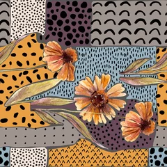 Photo sur Plexiglas Impressions graphiques Couronne d& 39 aquarelle d& 39 automne sur fond géométrique avec des fleurs, des feuilles, des gribouillis.