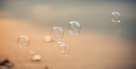 Close up Soap bubbles into the sunlight with beautiful bokeh.