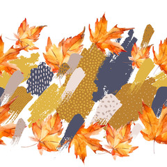 Autumn watercolor leaves on colorful splatter background