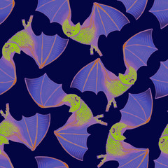 Bats, hand drawn doodle, sketch in pop art style, white outline, seamless pattern design on blue background