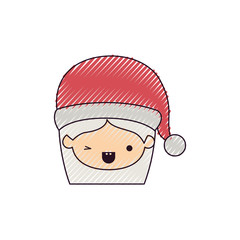 santa claus woman kawaii face with wink eye and happines expression with hat color crayon silhouette on white background