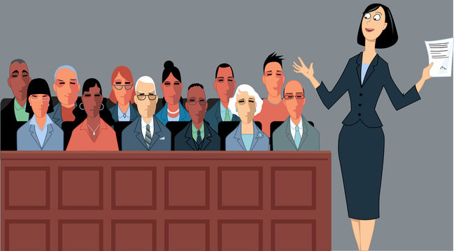 Female attorney address the jury at a trial, EPS 8 vector illustration