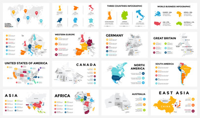 Vector map infographic. Slide presentation. Global business marketing concept. Color country. World transportation geography data. Economic statistic template. World, America, Africa, Europe, Asia