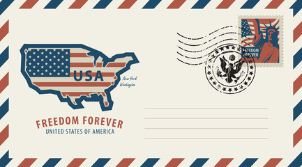 Vector envelope with a map of America in colors of the national flag, inscription, postage stamp with New York Statue of Liberty and a rubber stamp in retro style.