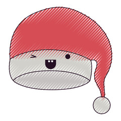 kawaii christmas hat santa claus wink eye expression color crayon silhouette on white background