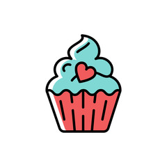 Cupcake Icon. Symbol of holiday and love, valentine's day. Line thin colorful birthday icon, Vector flat illustration