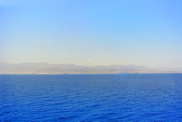 Red Sea. View of the Jordanian border. Eilat. Israel. The shore of the Gulf of Aqaba