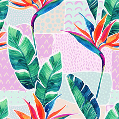 Watercolor tropical flowers on geometric background with doodles.