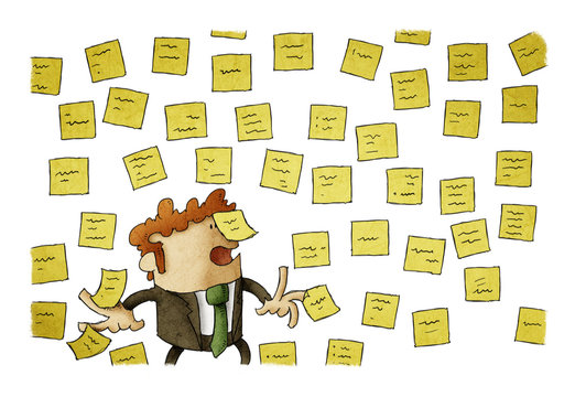 illustration of businessman with wall full of reminder notes, concept of a lot of work. isolated, white background.