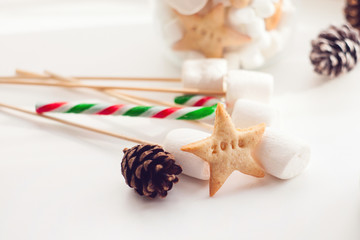 Beautiful Christmas background cookies and cane of coffee on white background