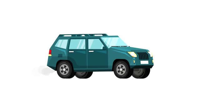 Riding SUV car. Looped detailed flat animation. 3 color options - red, blue, yellow. PhotoJPG with alpha mask.
