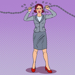 Pop Art Businesswoman Breaking Metal Chain. Strong Woman. Pressure on Work. Vector illustration