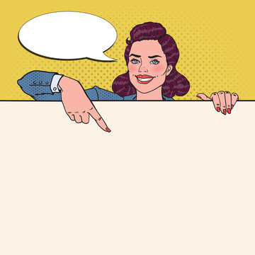 Fototapeta Pop Art Pretty Business Woman Pointing on Blank Billboard. Template for your Advertisement. Woman Holding Empty Banner. Vector illustration