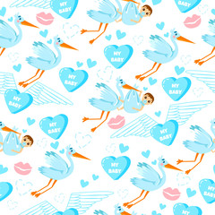Fototapeta na wymiar Baby shower. Seamless pattern for boys with stork, kiss, love, hearts and kids. 