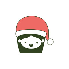 santa claus woman kawaii face with wink eye and happines expression with hat on color section silhouette
