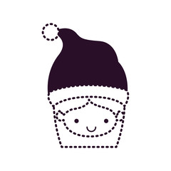 santa claus woman kawaii face smiling expression with hat on dotted monochrome silhouette