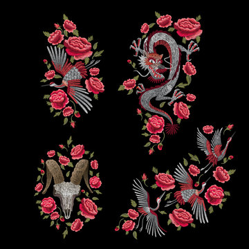 Eastern Chinese dragon and roses. Traditional stylish floral embroidery stitch on a black background. Sketch for printing on fabric, clothing, bag, accessories and design. Vector, trend