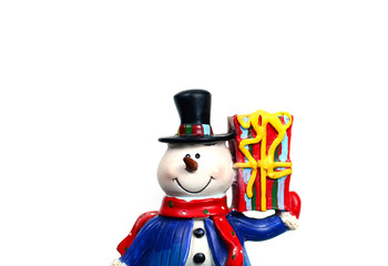 snowman with gift box on white background isolated