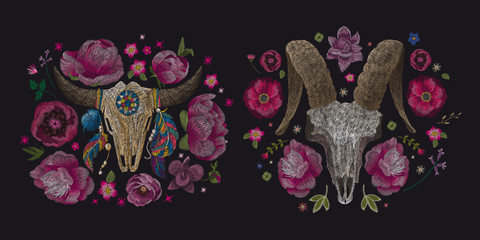 Peonies and skull of a cow with feathers. Traditional folk stylish stylish embroidery on the black background. Sketch for printing on fabric, clothing, bag, accessories and design. Vector, trend