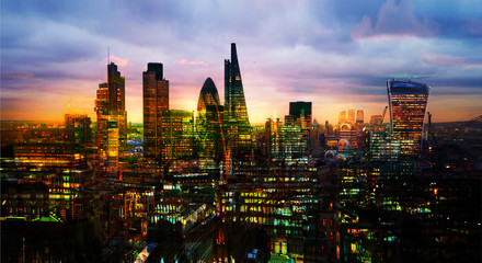 City of London, business and banking aria. London's panorama in sun set. View from the St. Paul cathedral