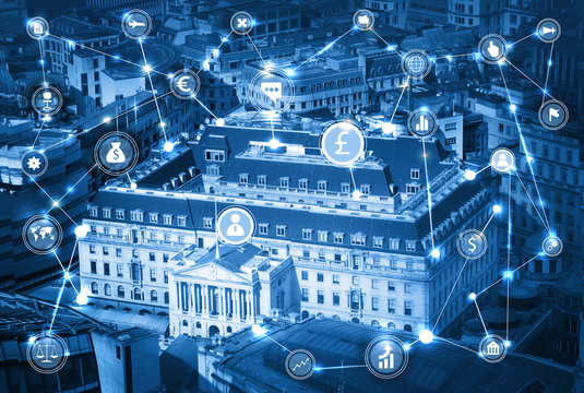 Bank Of England In The City Of London And Business Network Connections Concept Illustration With Lots Of Business Icons. Technology, Transformation And Innovation Idea. 