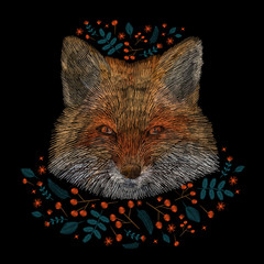portrait a fox, rowan plant. traditional stylish fashionable embroidered embroidery on a black background. sketch for printing on fabric, bag, clothes, accessories and design. trend vector. chihuahua