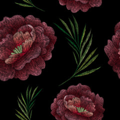 Crane and flowers plant. Traditional folk stylish stylish floral embroidery on the black background. Sketch for printing on fabric, clothing, bag, accessories and design. Vector, trend