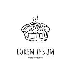 Hand drawn doodle Thanksgiving icon - traditional lattice upper crust apple pie isolated on white background. Vector illustration. Shortcrust pastry with apple filling Sweet pastry