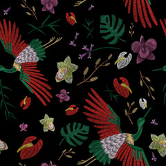 Crane and flowers plant. Traditional folk stylish stylish floral embroidery on the black background. Sketch for printing on fabric, clothing, bag, accessories and design. Vector, trend