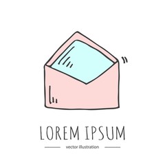 Hand drawn doodle Postal element - envelope icon isolated on white background. Vector illustration. Post symbol. Cartoon mail element: sealed letter, envelope, stamp, post box, package