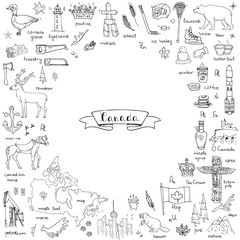 Hand drawn doodle Canada icons set Vector illustration isolated symbols collection of canadian symbols Cartoon elements: bear, map, flag, maple, beaver, deer, goose, totem pole, horse, hockey, poutine