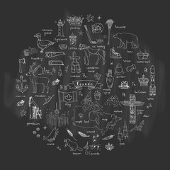 Hand drawn doodle Canada icons set Vector illustration isolated symbols collection of canadian symbols Cartoon elements: bear, map, flag, maple, beaver, deer, goose, totem pole, horse, hockey, poutine