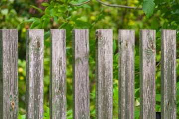 Fragment of a wooden fence a background of garden in bokeh