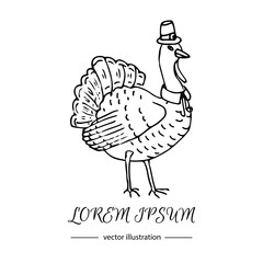 Hand drawn doodle cute Turkey icon. Vector illustration isolated autumn holiday symbol collection. Cartoon celebration element: bird, farm bird animal, thanksgiving celebration funny hat and collar.
