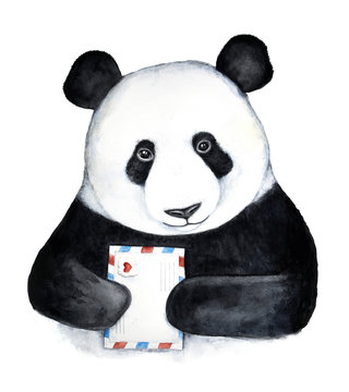 Closeup portrait of a cute panda bear bringing a mail envelope with a love heart. Hand painted watercolor illustration isolated on white background.