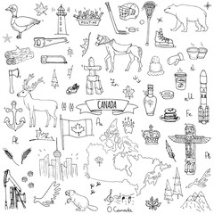 Hand drawn doodle Canada icons set Vector illustration isolated symbols collection of canadian symbols Cartoon elements: bear, map, flag, maple, beaver, deer, goose, totem pole, horse, hockey, poutine