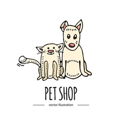 Hand drawn doodle sitting cute dog and cat icons isolated on white background. Vector illustration. Pets stuff, supply concept Vet symbol Cartoon dog care, paw, tail Funny character Goods for pet shop