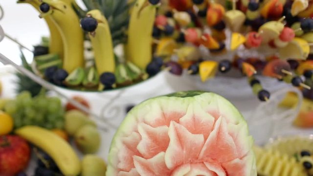 Fruits decoration. Beautiful arranged fruits on the table.