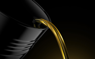 Black oil barrel on dark background. Pour golden oil. 3d render